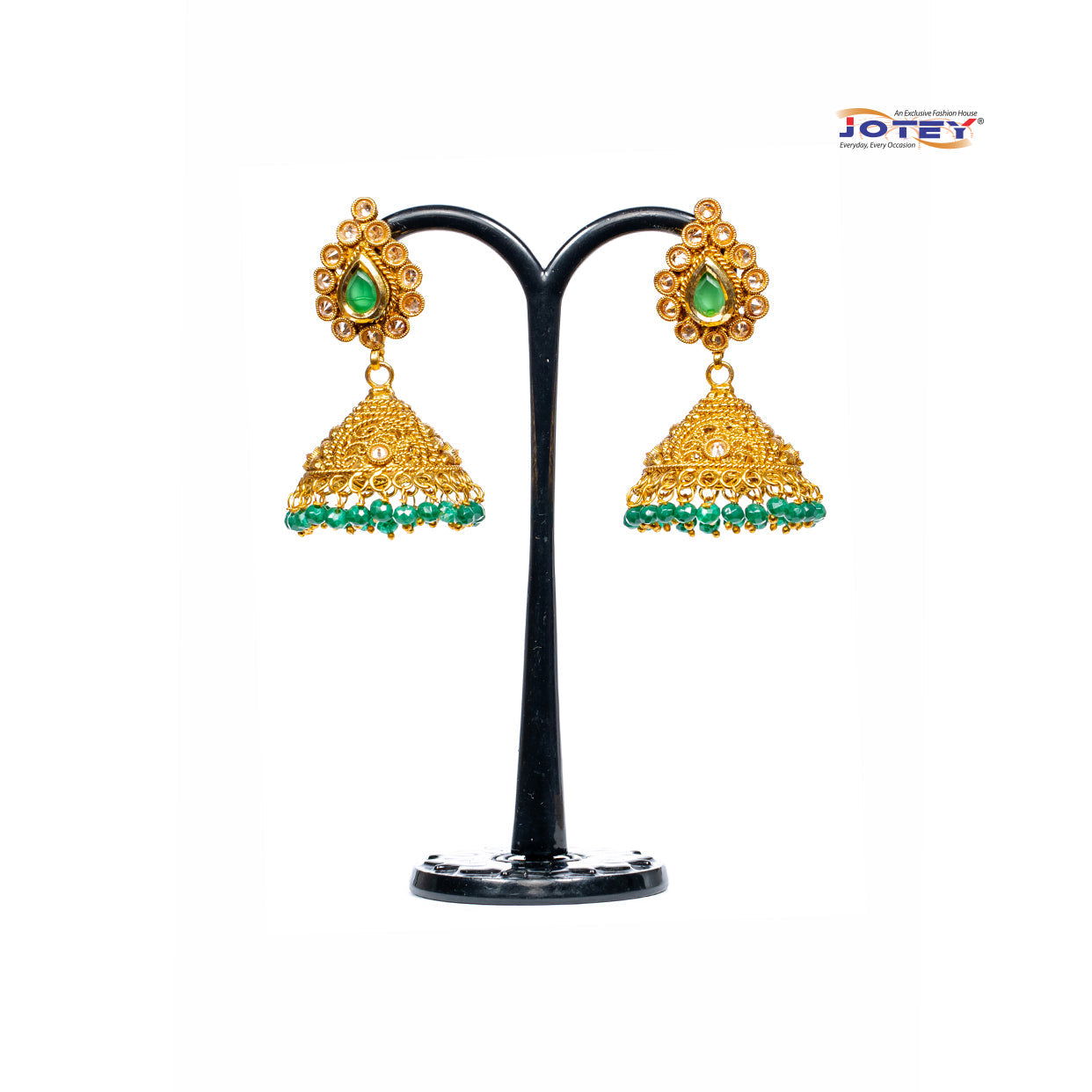 Green Panna Stone Jumka Earrings - Jotey