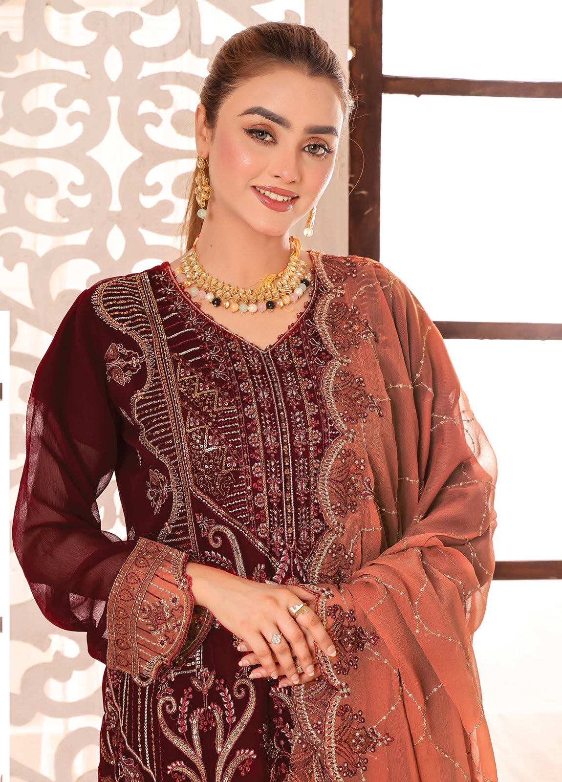 Maah Rang By Bin Hameed Luxury Chiffon Semi Stitched 3pcs - Jotey