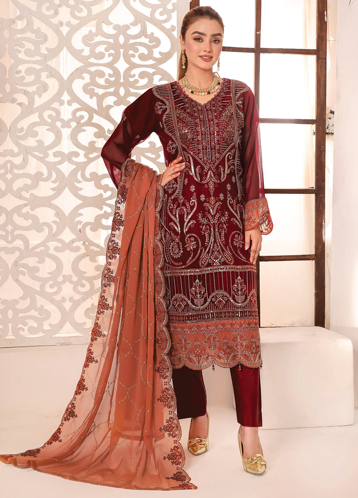 Maah Rang By Bin Hameed Luxury Chiffon Semi Stitched 3pcs - Jotey